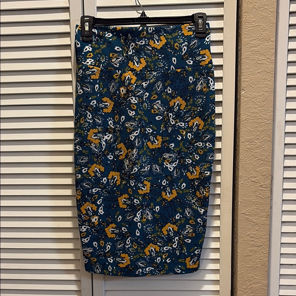 LuLaRoe Floral Midi Skirt in Blue and Yellow